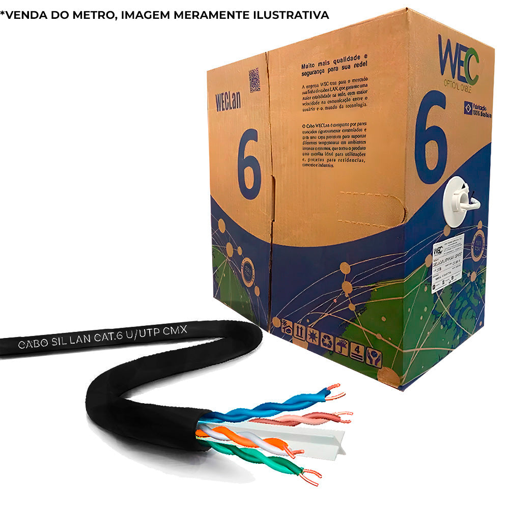 Metro Cabo de Rede CAT6, UTP 4P, 100% Cobre, 4PX24AWG, CM INT, WEC - Preto
